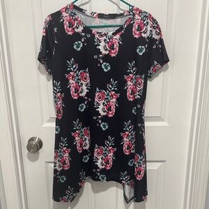 Floral Short Sleeve Tunic Top - Black with Pink and Teal Accents